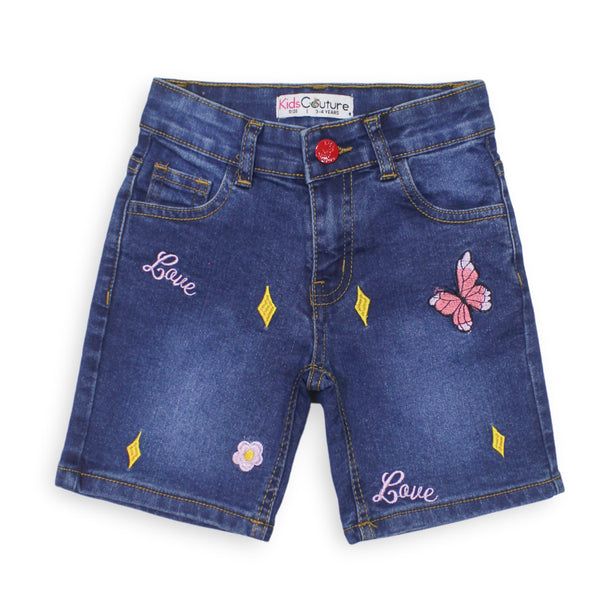 Girls Emb Butterfly Dark Blue Denim Short