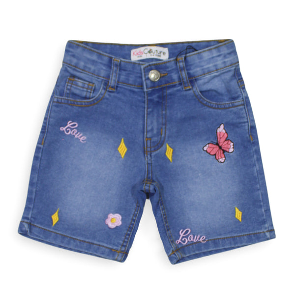 Girls Emb Butterfly Mid Blue Denim Short