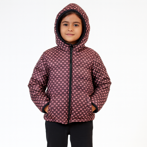 Girls Maroon Heart Pattern Hoodie Jacket 248