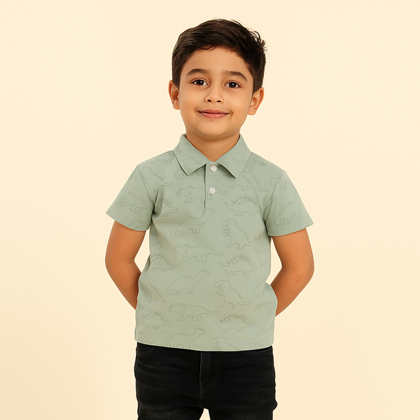 Light Green Dino Printed Polo Shirt 185