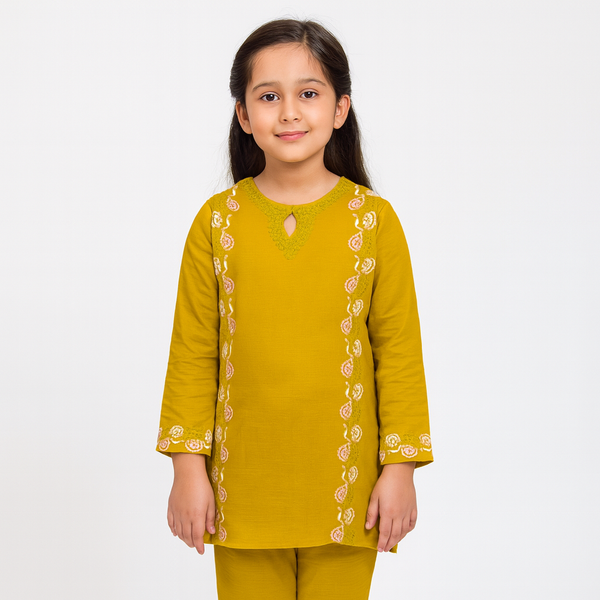 Girls Mustard Green Raw Silk Embroidery 2 pc set 132