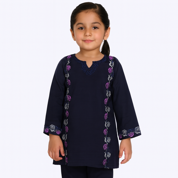 Girls Navy Raw Silk Emborided 2 pc set 132