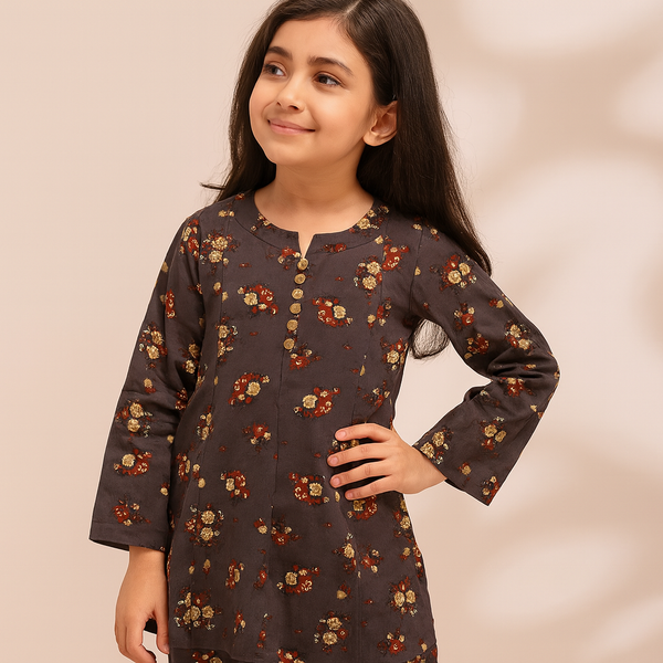 Girls Dark Gray flannel Flower Print 2 Pc set 242