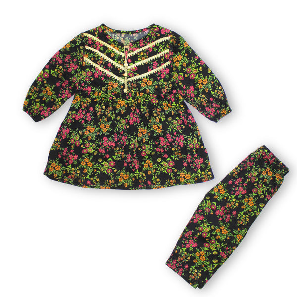 Girls Black Green lace floral 2 pc