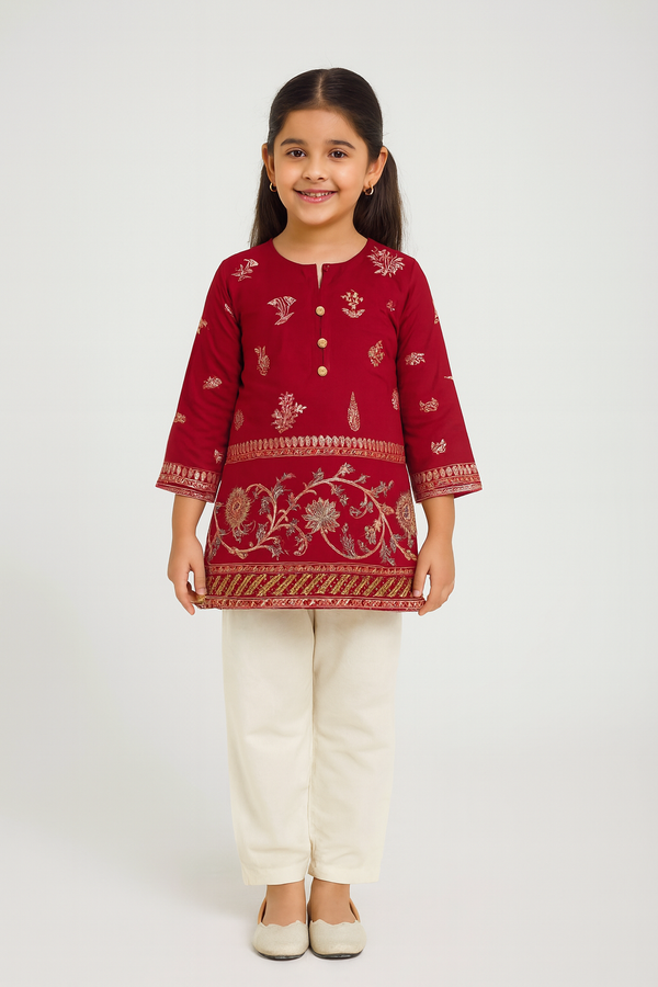 Girls Lawn Red and White Emborided 2 pc set 129