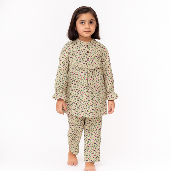 Girls Off White Corduroy Flower Pattern 2 Pc set 243