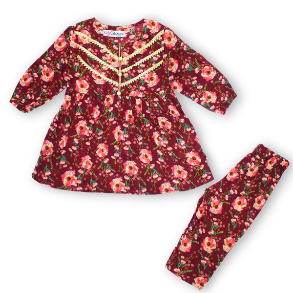 Girls Maroon lace Pink floral 2 pc 134