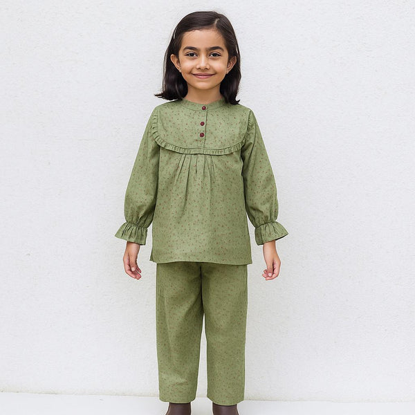 Girls Olive Green Corduroy Cherry Pattern 2 Pc set 243