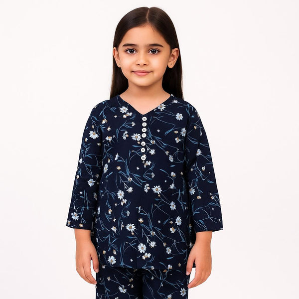 Girls Navy flannel Flower Printed 2 Pc set 242
