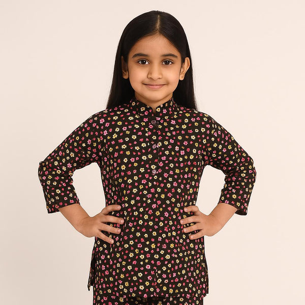 Girls Black Corduroy Flower Pattern 2 Pc set 243