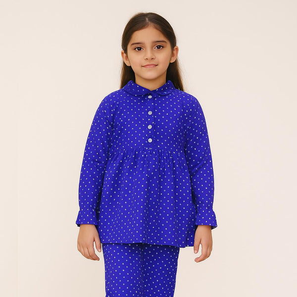 Girls Royal Blue Corduroy Doted Pattern 2 Pc set 243