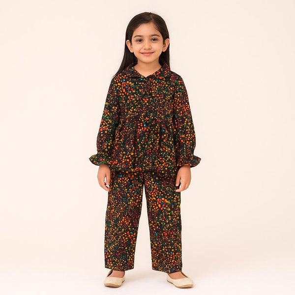 Girls Black Corduroy Multi Flower Pattern 2 Pc set 243