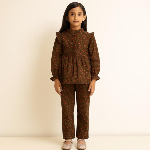 Girls Brown Corduroy Flower Pattern 2 Pc set 243