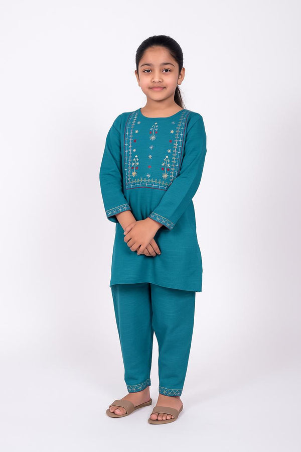 Girls Khaddar Teal Green embroidered 2 pc Suit