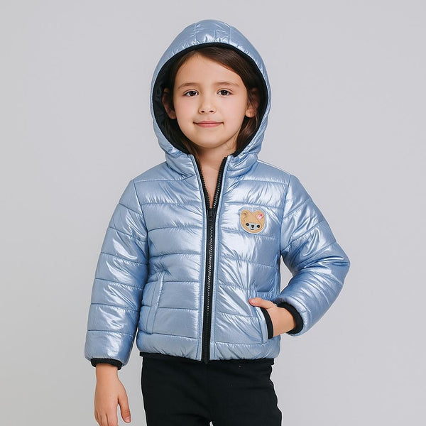 Girls Shiny Silver Blue Puffer Jacket with Hood 247