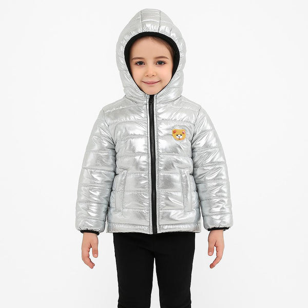 Girls Shiny Silver Puffer Jacket with Hood 247