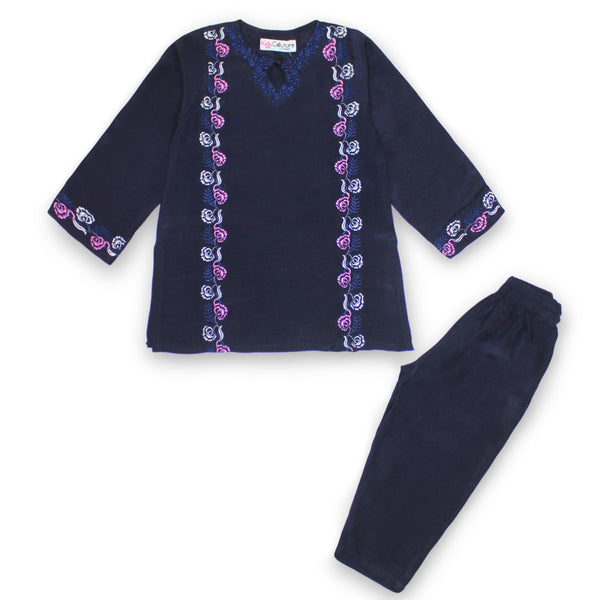 Girls Navy Raw Silk Emborided 2 pc set 132